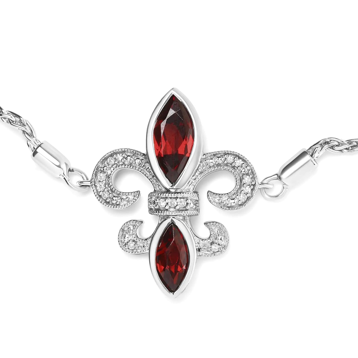 .925 Sterling Silver Marquise Garnet and Diamond Accent Lariat 4”-10” Fleur De Lis Adjustable Bolo Bracelet (H-I Color, SI1-SI2 Clarity)