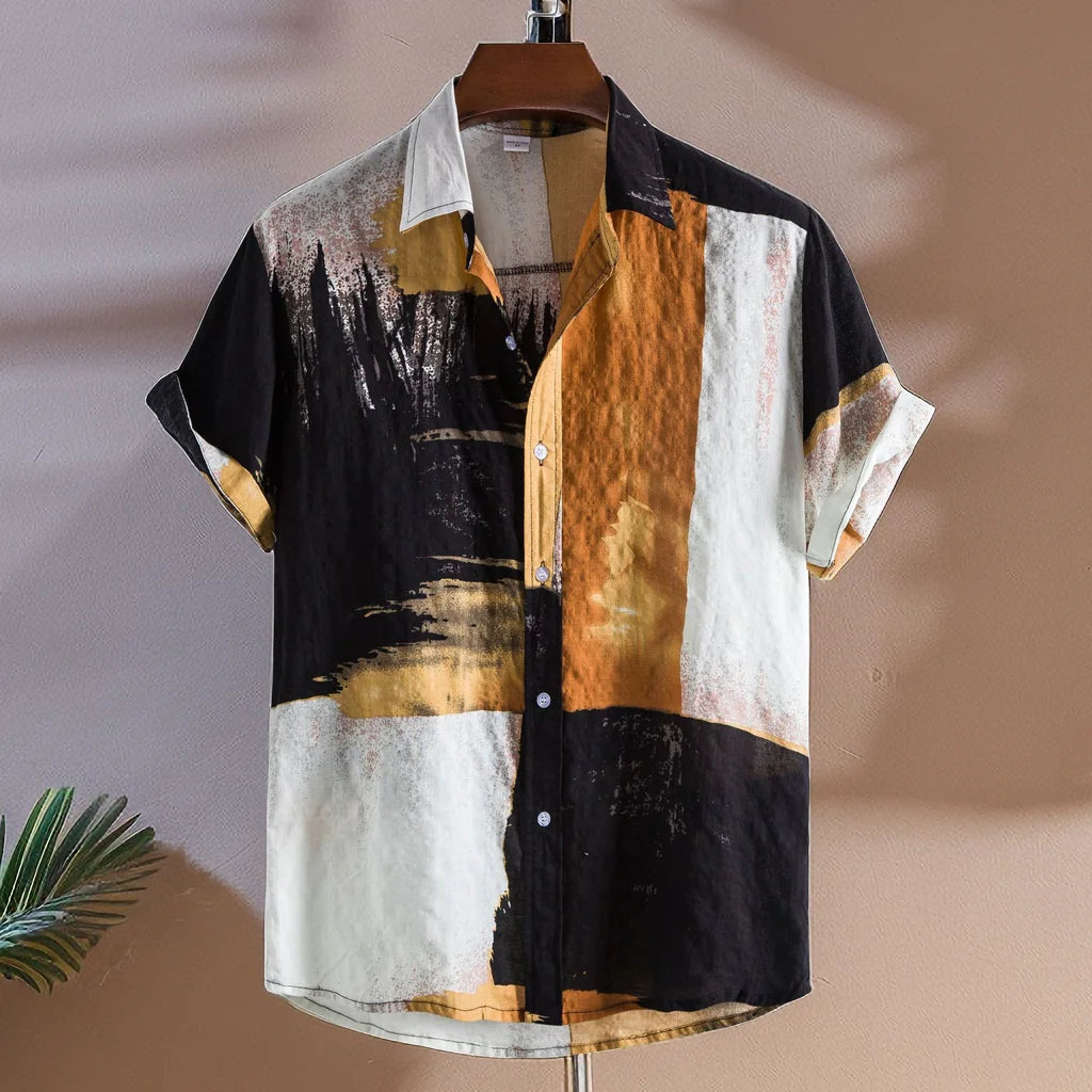 Men's Floral Color Block Short-Sleeve Beach Shirt