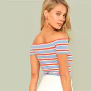 Summer Women's Stripe Color-block Off-shoulder T-shirt